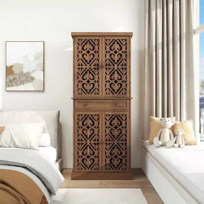 Meuble de Rangement de Cuisine, Armoire Haute avec 4 Étagères Intérieures Réglables et 4 Portes, Buffet Polyvalent pour Salon ou Salle à Manger