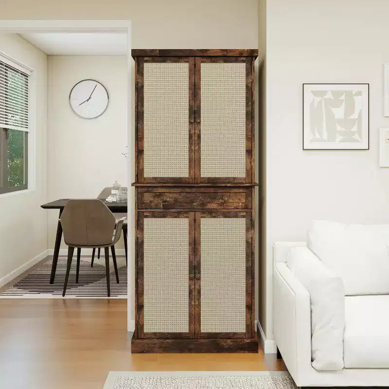 Meuble de Rangement de Cuisine, Armoire Haute avec 4 Étagères Intérieures Réglables et 4 Portes, Buffet Polyvalent pour Salon ou Salle à Manger