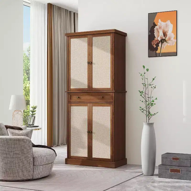 Meuble de Rangement de Cuisine, Armoire Haute avec 4 Étagères Intérieures Réglables et 4 Portes, Buffet Polyvalent pour Salon ou Salle à Manger