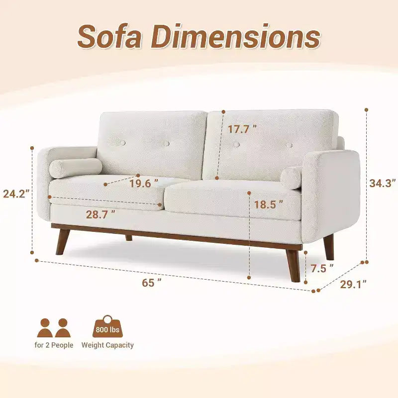 Causeuse moderne du milieu du siècle, 65 po, en lin, à assise profonde, pour salon, chambre à coucher, petit espace, 2 places, beige