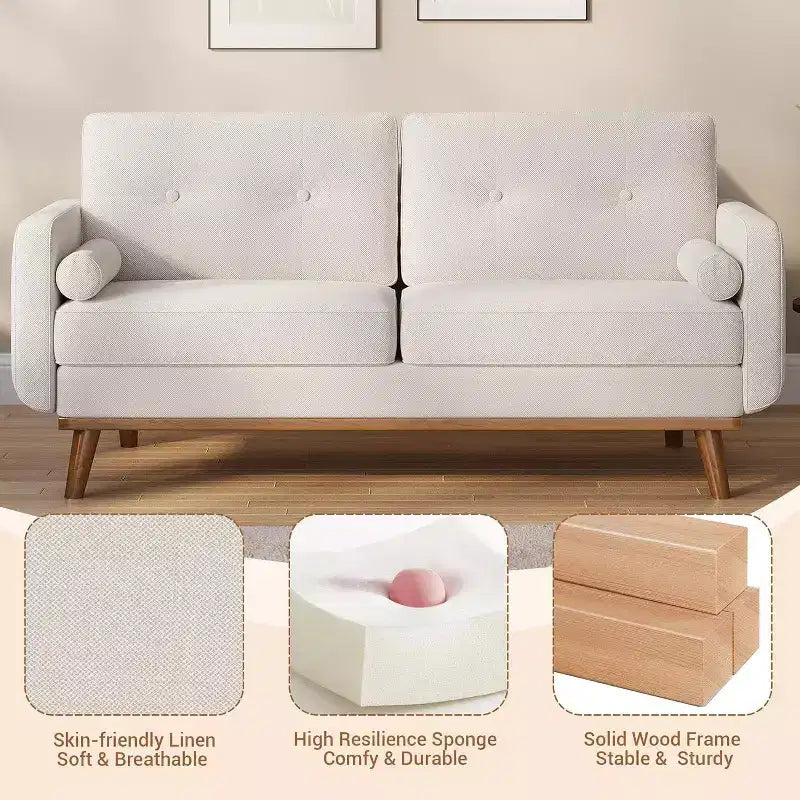 Causeuse moderne du milieu du siècle, 65 po, en lin, à assise profonde, pour salon, chambre à coucher, petit espace, 2 places, beige
