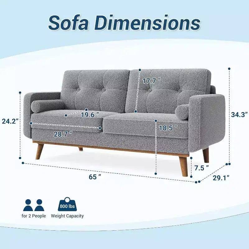 Causeuse moderne du milieu du siècle, 65 po, en lin, à assise profonde, pour salon, chambre à coucher, petit espace, 2 places, beige