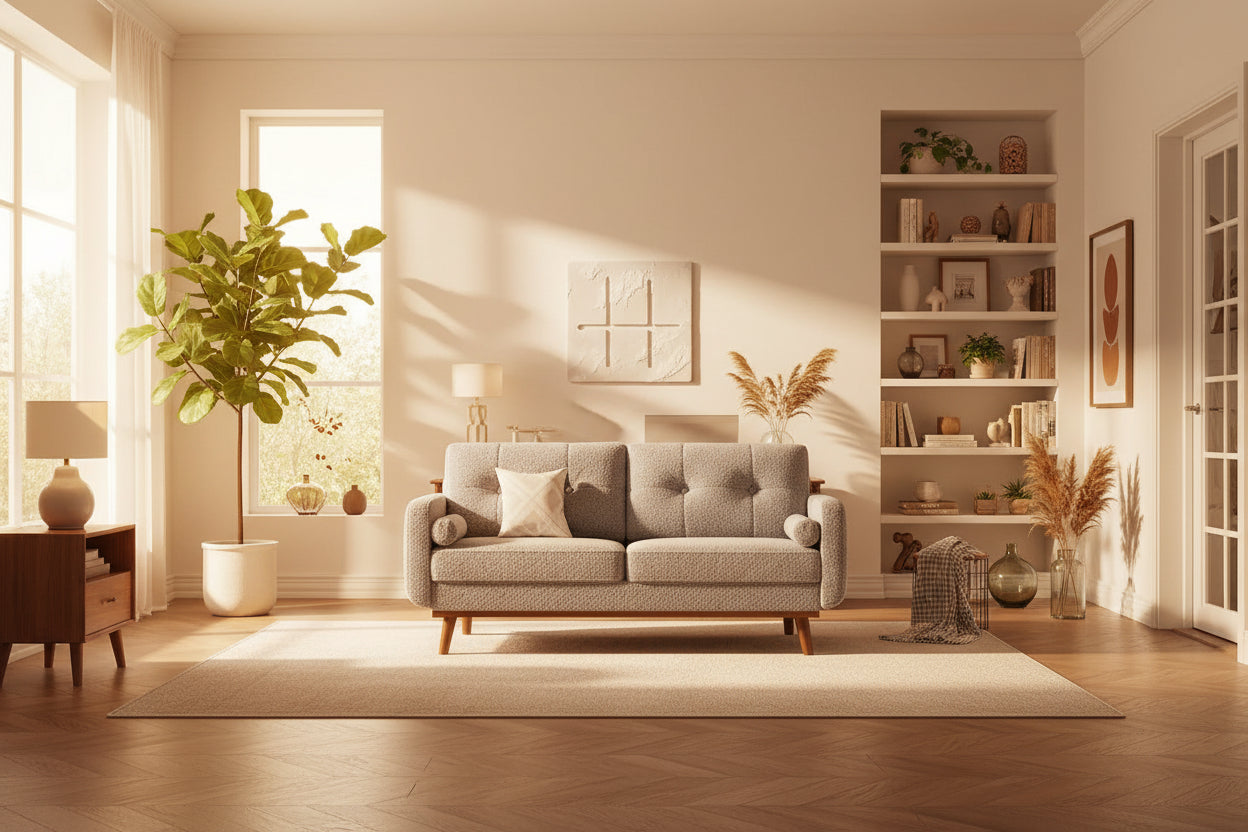 Causeuse moderne du milieu du siècle, 65 po, en lin, à assise profonde, pour salon, chambre à coucher, petit espace, 2 places, beige