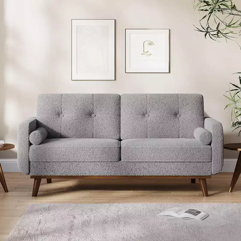 Causeuse moderne du milieu du siècle, 65 po, en lin, à assise profonde, pour salon, chambre à coucher, petit espace, 2 places, beige