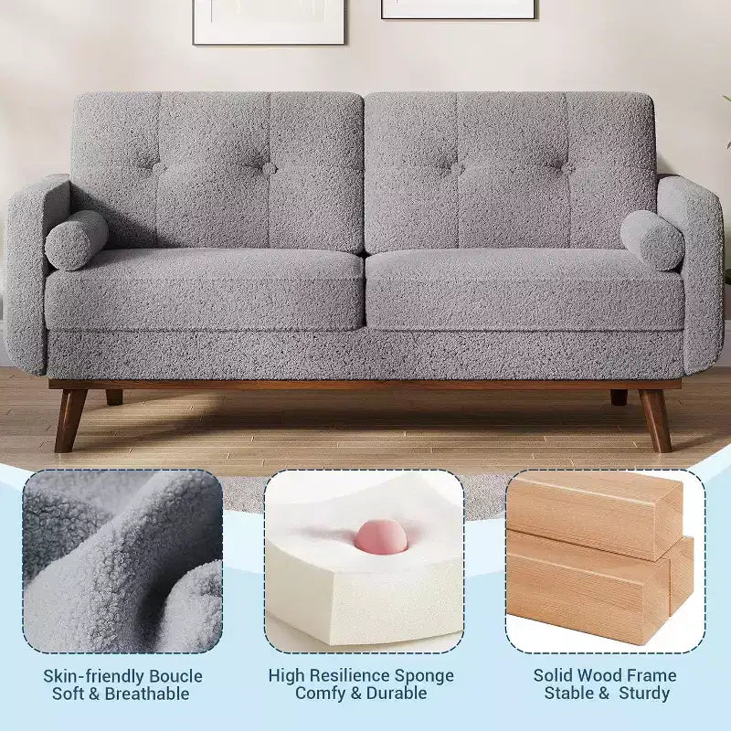 Causeuse moderne du milieu du siècle, 65 po, en lin, à assise profonde, pour salon, chambre à coucher, petit espace, 2 places, beige