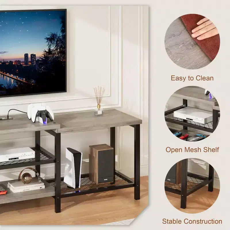 Meuble TV pour téléviseurs jusqu'à 75 pouces, meuble de divertissement de 170 cm avec prise de courant, console multimédia TV avec étagères de rangement ouvertes à 3 niveaux pour salon