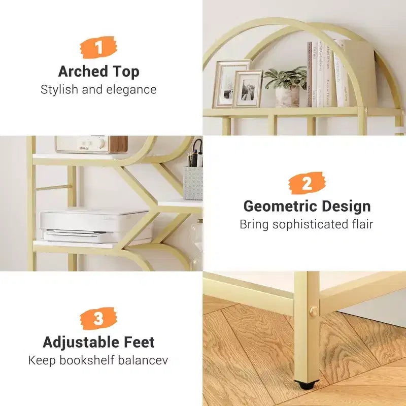 Bibliothèque arquée à 6 niveaux, étagère géométrique pour la maison et le bureau -, bibliothèque moderne en bois et métal avec une capacité de 15,9 kg/étagère, étagère de rangement ouverte pour la chambre