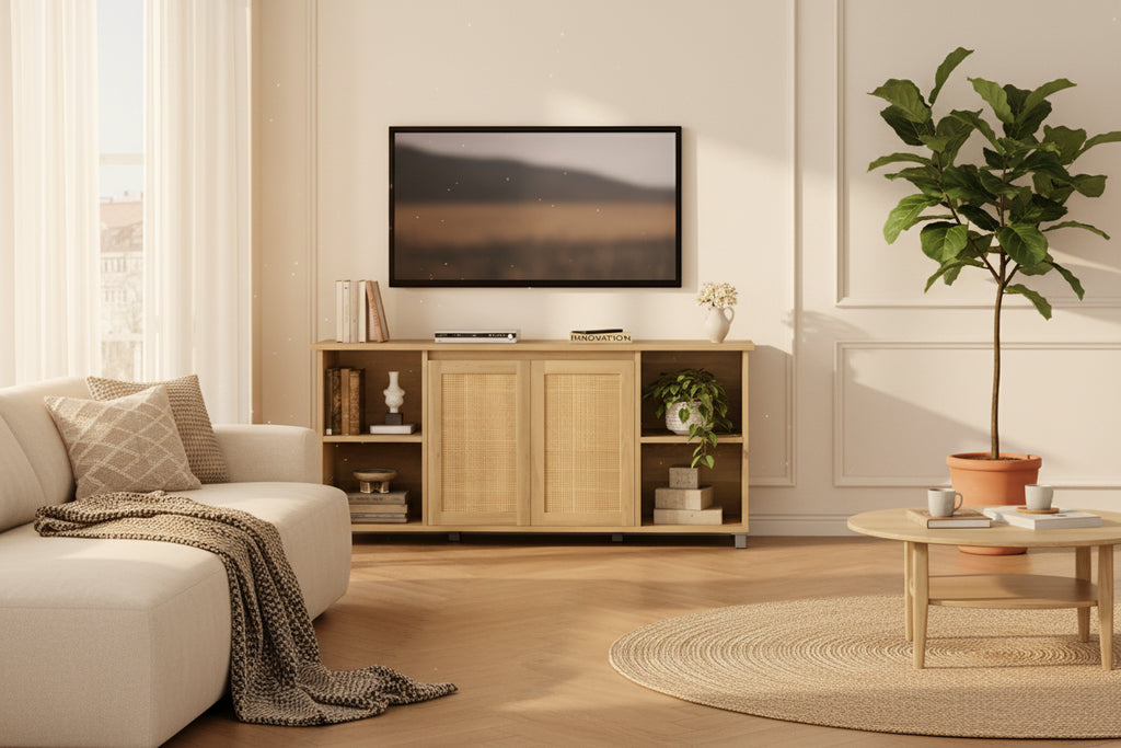 Meuble TV de style mid-century pour téléviseurs de 60 à 70 pouces, meuble de divertissement avec portes en rotin, console média de 159 cm de large avec étagère ouverte, meuble de salon et chambre à coucher