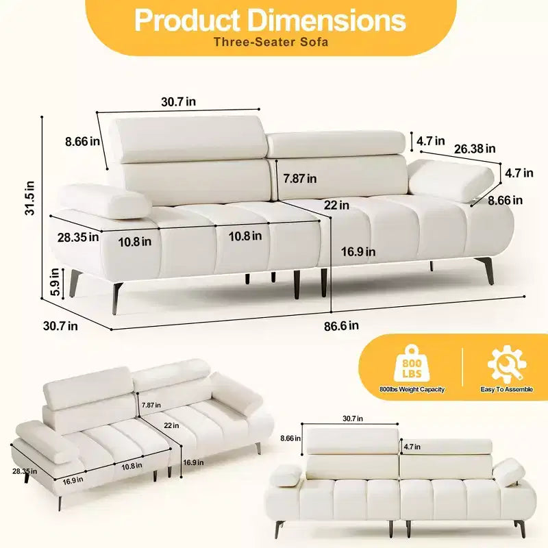 Canapé 3 places, accoudoirs et appuie-tête réglables sur 6 niveaux, canapés modernes en cuir PU avec deux canapés indépendants, beige
