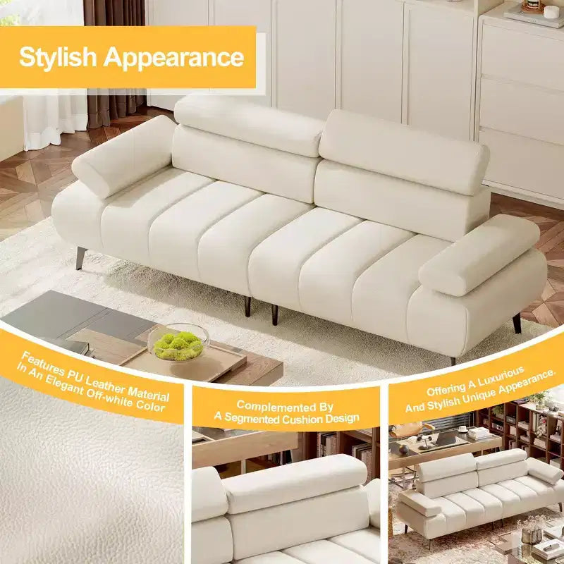 Canapé 3 places, accoudoirs et appuie-tête réglables sur 6 niveaux, canapés modernes en cuir PU avec deux canapés indépendants, beige