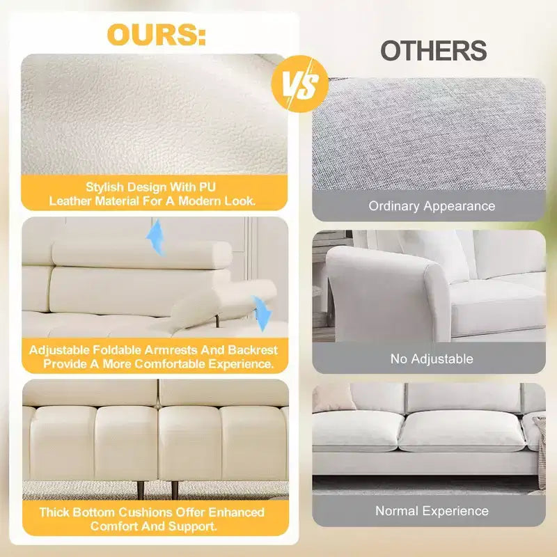 Canapé 3 places, accoudoirs et appuie-tête réglables sur 6 niveaux, canapés modernes en cuir PU avec deux canapés indépendants, beige