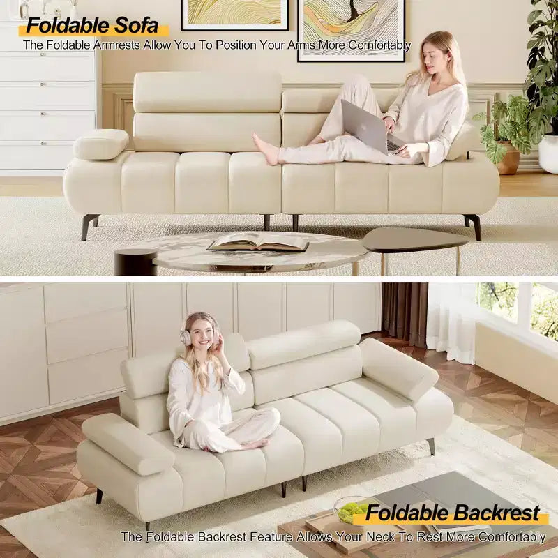 Canapé 3 places, accoudoirs et appuie-tête réglables sur 6 niveaux, canapés modernes en cuir PU avec deux canapés indépendants, beige