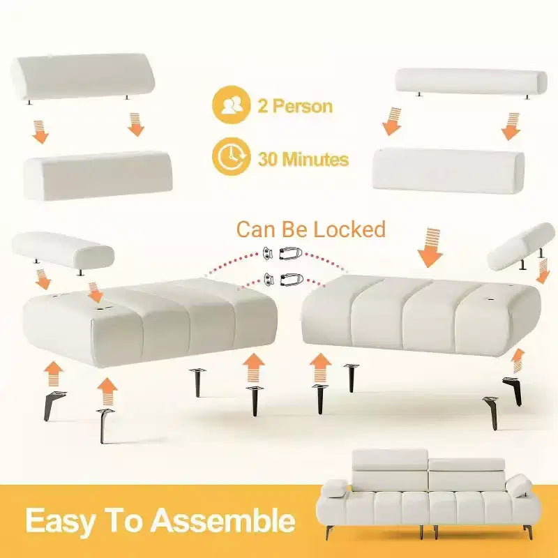Canapé 3 places, accoudoirs et appuie-tête réglables sur 6 niveaux, canapés modernes en cuir PU avec deux canapés indépendants, beige