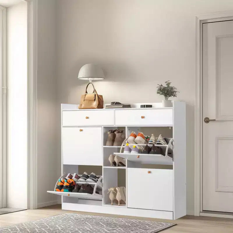 Meubles à chaussures 4 tiroirs à abattant et 2 tiroirs de rangement en panneau de particules blanc 128 cm (50,39 po) l.