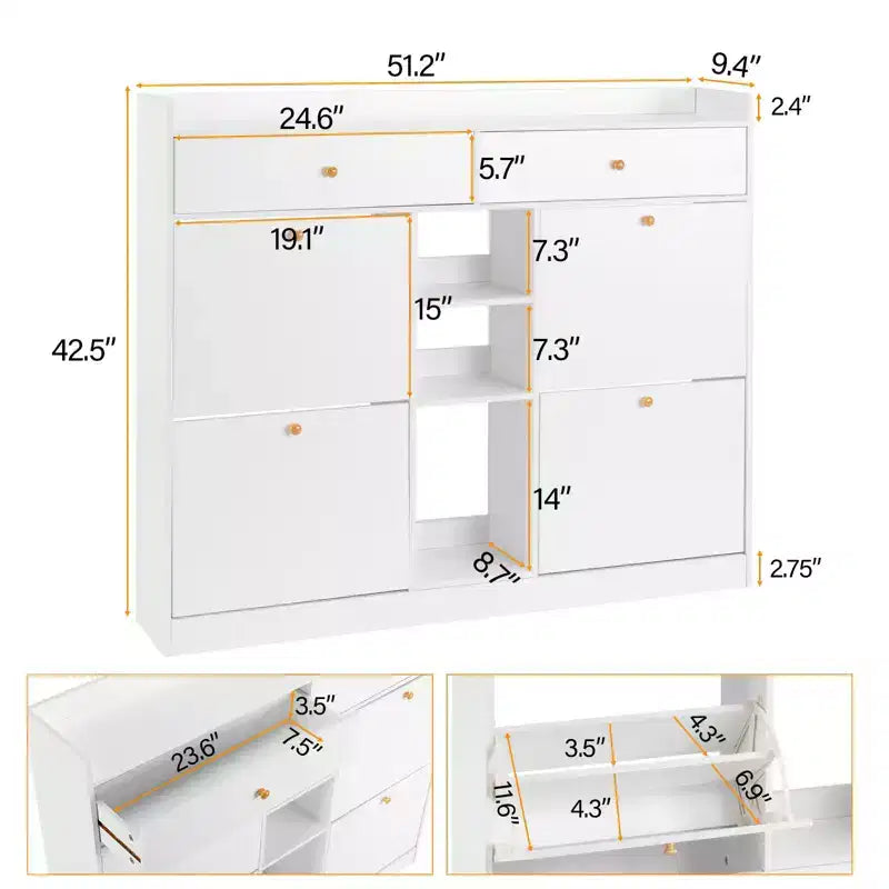 Meubles à chaussures 4 tiroirs à abattant et 2 tiroirs de rangement en panneau de particules blanc 128 cm (50,39 po) l.