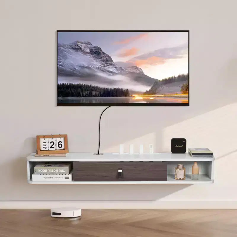 Meuble TV mural flottant de 120 cm avec trou passe-câbles, étagère TV flottante moderne avec armoire de rangement, blanc
