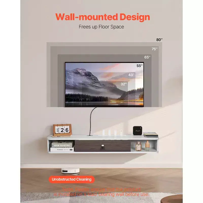 Meuble TV mural flottant de 120 cm avec trou passe-câbles, étagère TV flottante moderne avec armoire de rangement, blanc