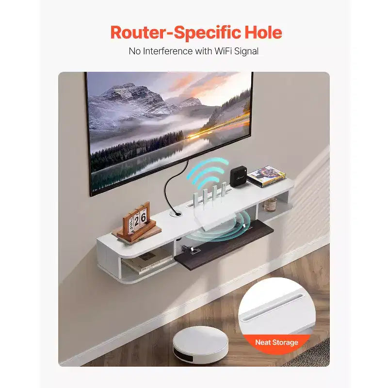 Meuble TV mural flottant de 120 cm avec trou passe-câbles, étagère TV flottante moderne avec armoire de rangement, blanc