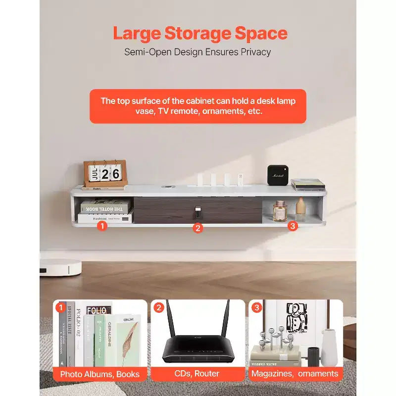 Meuble TV mural flottant de 120 cm avec trou passe-câbles, étagère TV flottante moderne avec armoire de rangement, blanc