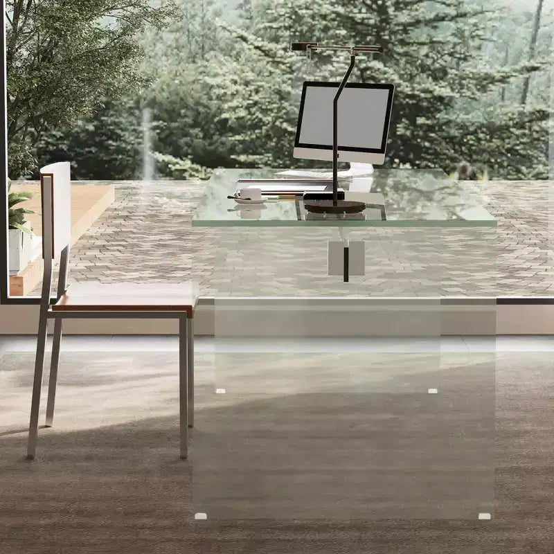Bureau moderne en acrylique transparent 53 - Table d'écriture minimaliste transparente avec accents chromés - Bureau d'ordinateur chic pour bureau à domicile - Transparent
