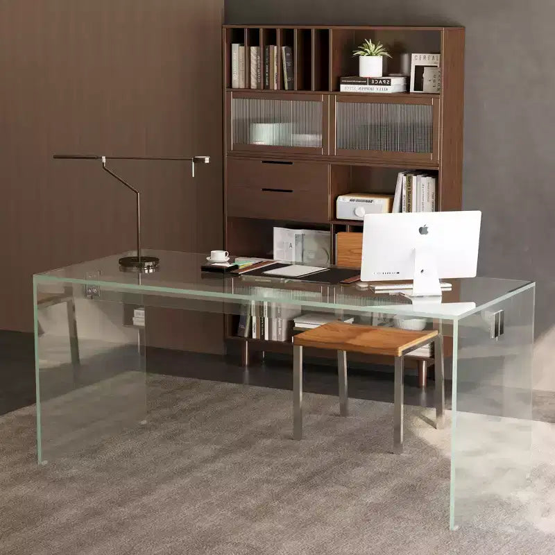 Bureau moderne en acrylique transparent 53 - Table d'écriture minimaliste transparente avec accents chromés - Bureau d'ordinateur chic pour bureau à domicile - Transparent