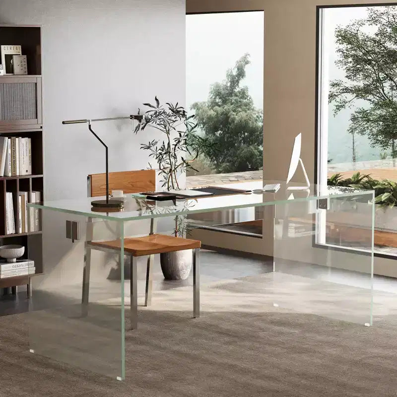 Bureau moderne en acrylique transparent 53 - Table d'écriture minimaliste transparente avec accents chromés - Bureau d'ordinateur chic pour bureau à domicile - Transparent