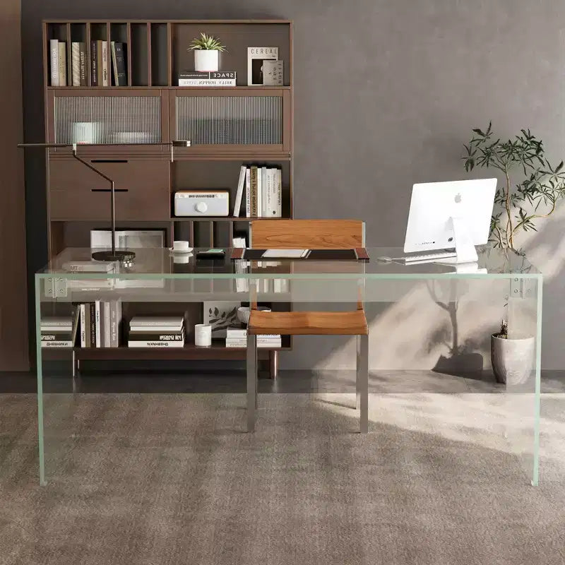 Bureau moderne en acrylique transparent 53 - Table d'écriture minimaliste transparente avec accents chromés - Bureau d'ordinateur chic pour bureau à domicile - Transparent