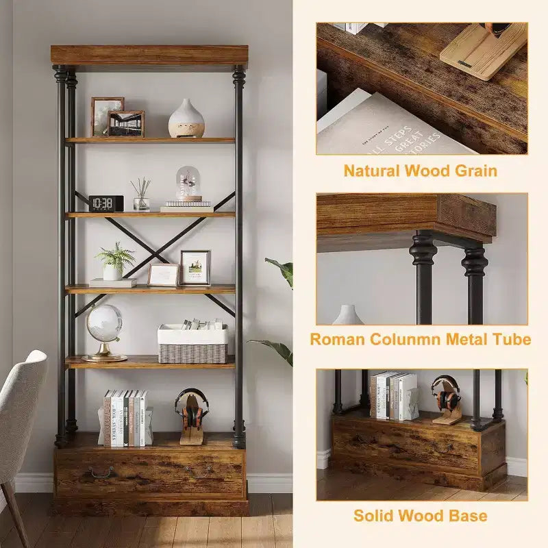 Étagère à 5 niveaux avec tiroir de rangement, bibliothèque haute de 205,74 cm avec cadre en métal, étagère ouverte pour salon, bureau, chambre à coucher, bibliothèque