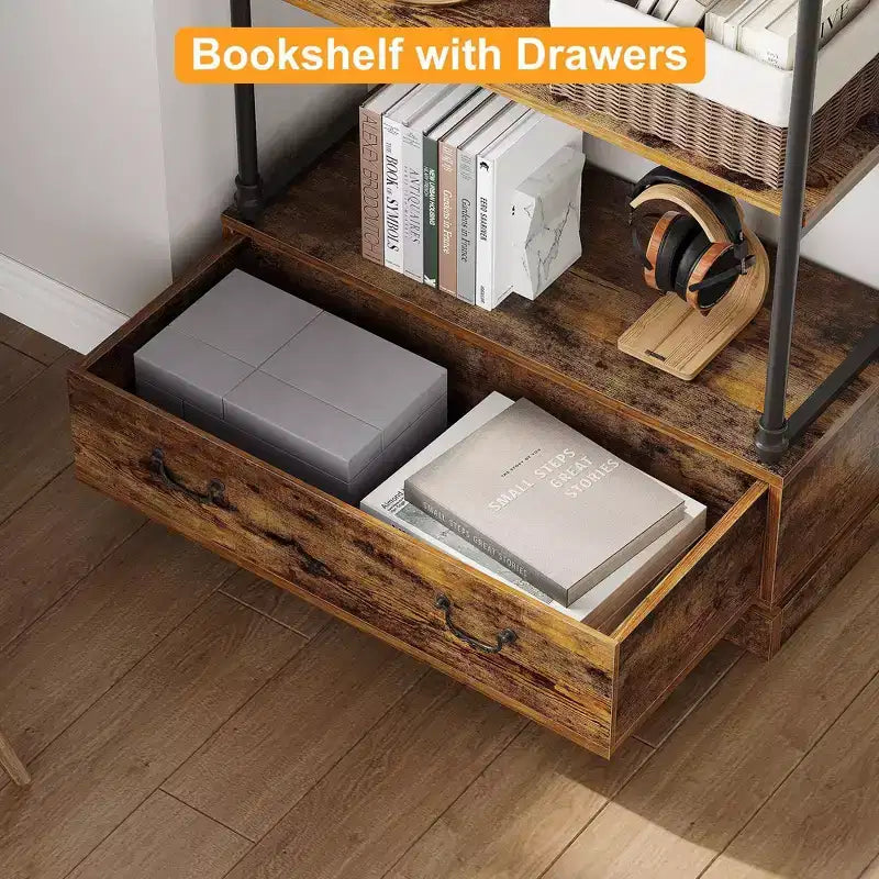 Étagère à 5 niveaux avec tiroir de rangement, bibliothèque haute de 205,74 cm avec cadre en métal, étagère ouverte pour salon, bureau, chambre à coucher, bibliothèque