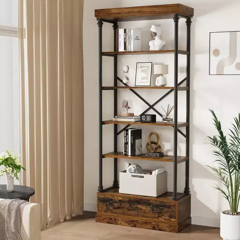 Étagère à 5 niveaux avec tiroir de rangement, bibliothèque haute de 205,74 cm avec cadre en métal, étagère ouverte pour salon, bureau, chambre à coucher, bibliothèque