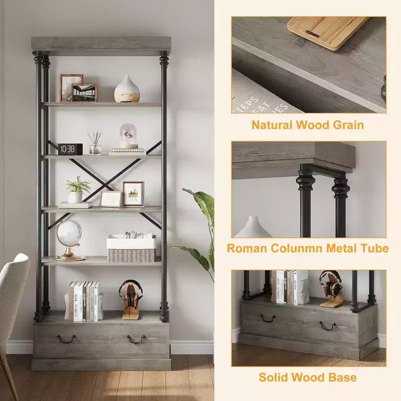 Étagère à 5 niveaux avec tiroir de rangement, bibliothèque haute de 205,74 cm avec cadre en métal, étagère ouverte pour salon, bureau, chambre à coucher, bibliothèque