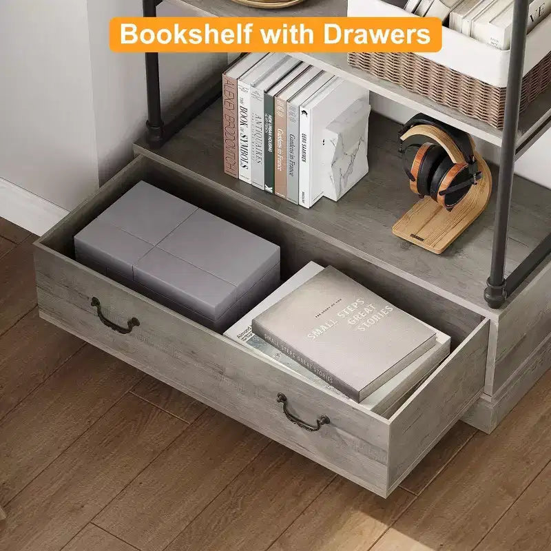 Étagère à 5 niveaux avec tiroir de rangement, bibliothèque haute de 205,74 cm avec cadre en métal, étagère ouverte pour salon, bureau, chambre à coucher, bibliothèque