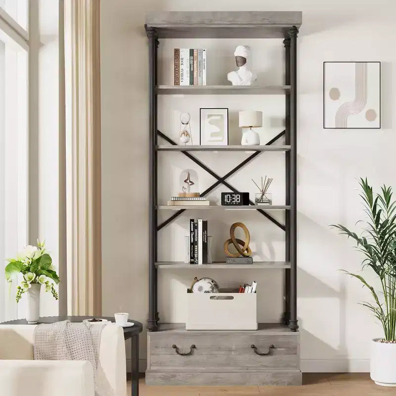 Étagère à 5 niveaux avec tiroir de rangement, bibliothèque haute de 205,74 cm avec cadre en métal, étagère ouverte pour salon, bureau, chambre à coucher, bibliothèque
