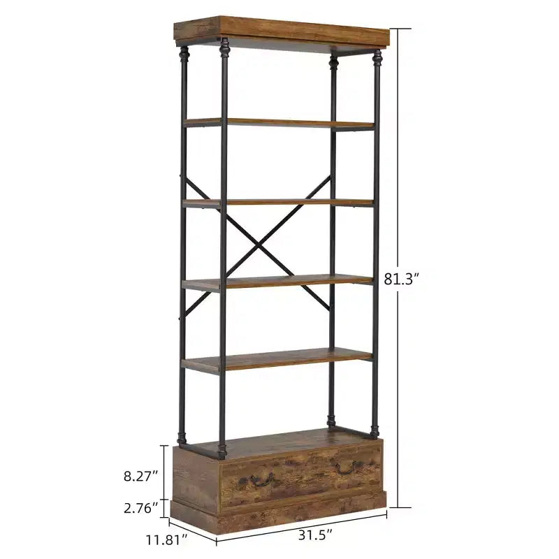 Étagère à 5 niveaux avec tiroir de rangement, bibliothèque haute de 205,74 cm avec cadre en métal, étagère ouverte pour salon, bureau, chambre à coucher, bibliothèque