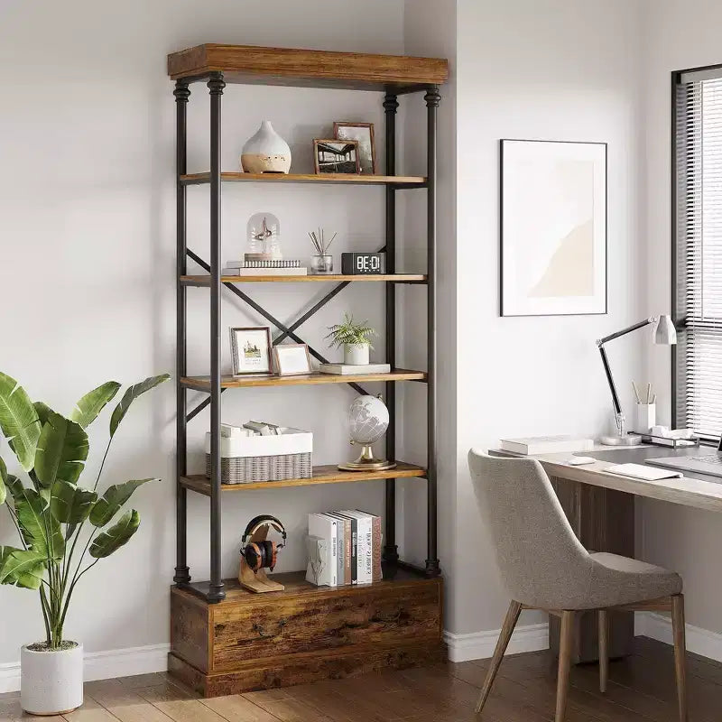 Étagère à 5 niveaux avec tiroir de rangement, bibliothèque haute de 205,74 cm avec cadre en métal, étagère ouverte pour salon, bureau, chambre à coucher, bibliothèque