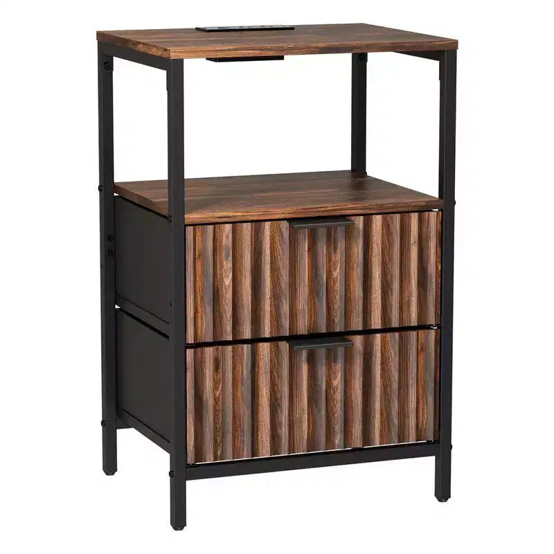 Table de chevet de 38 cm de large - 2 tiroirs, 1 étagère, prise de courant américaine