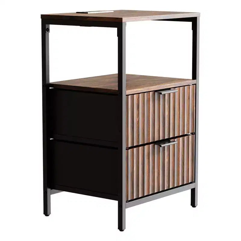Table de chevet de 38 cm de large - 2 tiroirs, 1 étagère, prise de courant américaine