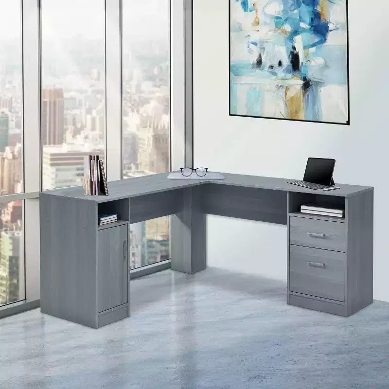 Bureau d'angle fonctionnel avec rangement gris : Bureau d'ordinateur moderne avec tiroirs