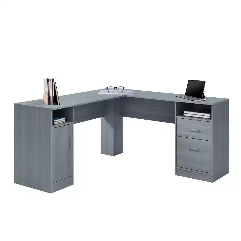 Bureau d'angle fonctionnel avec rangement gris : Bureau d'ordinateur moderne avec tiroirs