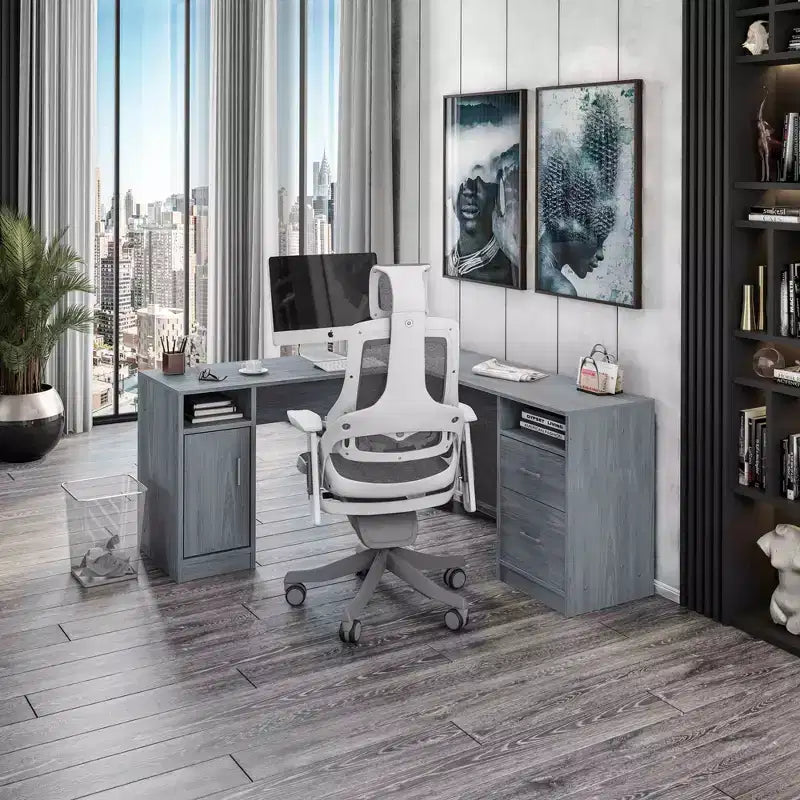 Bureau d'angle fonctionnel avec rangement gris : Bureau d'ordinateur moderne avec tiroirs
