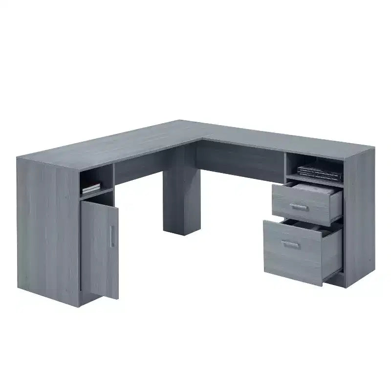 Bureau d'angle fonctionnel avec rangement gris : Bureau d'ordinateur moderne avec tiroirs