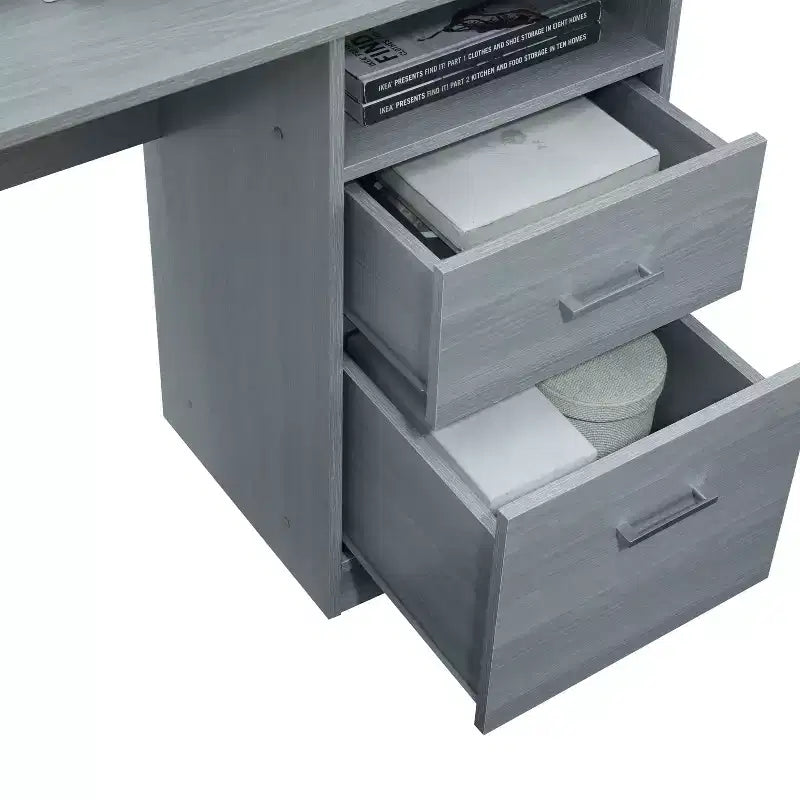 Bureau d'angle fonctionnel avec rangement gris : Bureau d'ordinateur moderne avec tiroirs