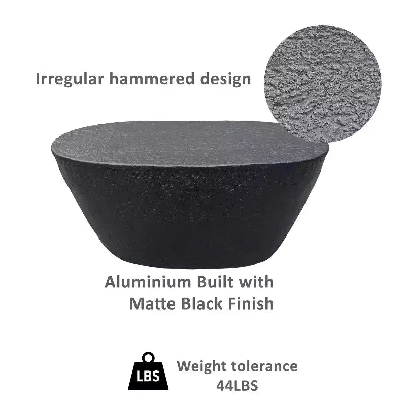 Table basse 36" - Design martelé fait main - Structure sculpturale en aluminium noir mat