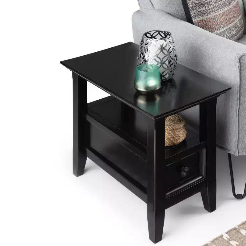 Table d'appoint étroite Halifax 35,5 cm marron hickory -: Tiroir, Étagère ouverte, Pin massif