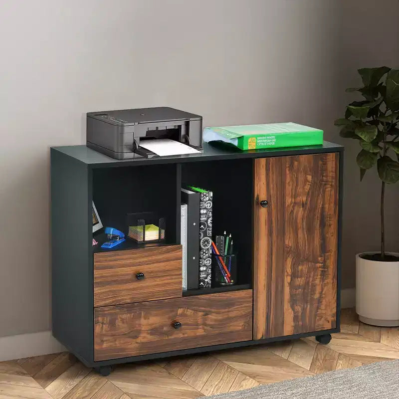 Meuble Classeur Mobile Latéral, Grand Support d'Imprimante avec 2 Tiroirs et Étagères Ouvertes, Noir