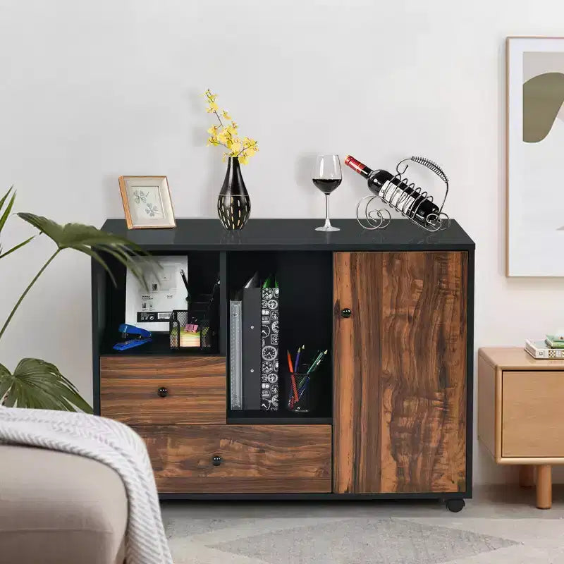 Meuble Classeur Mobile Latéral, Grand Support d'Imprimante avec 2 Tiroirs et Étagères Ouvertes, Noir