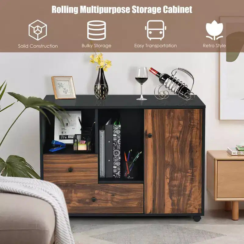Meuble Classeur Mobile Latéral, Grand Support d'Imprimante avec 2 Tiroirs et Étagères Ouvertes, Noir