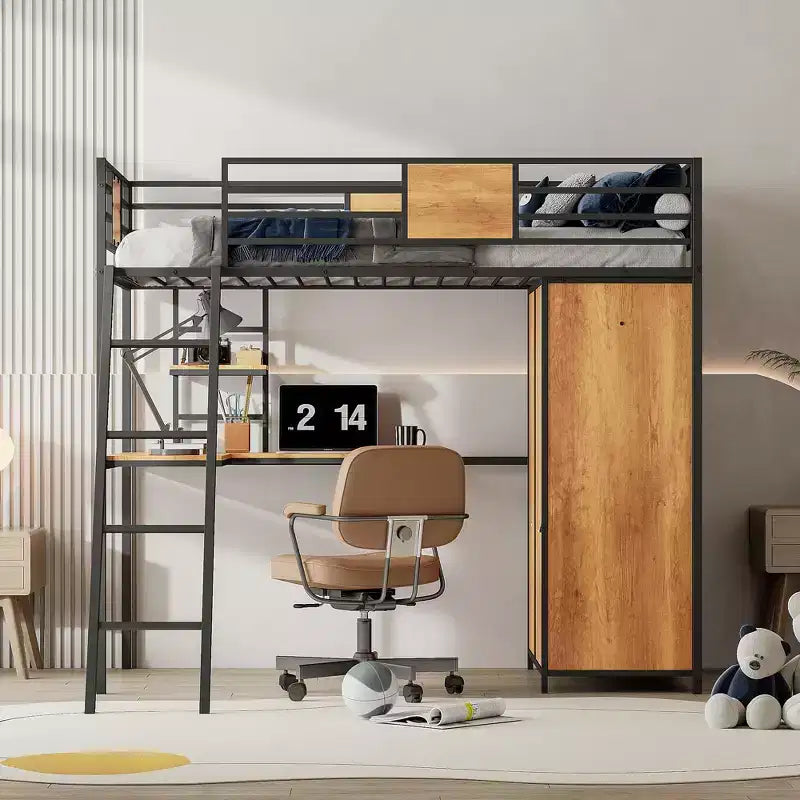 Lit mezzanine une place avec bureau en L et armoire 4B