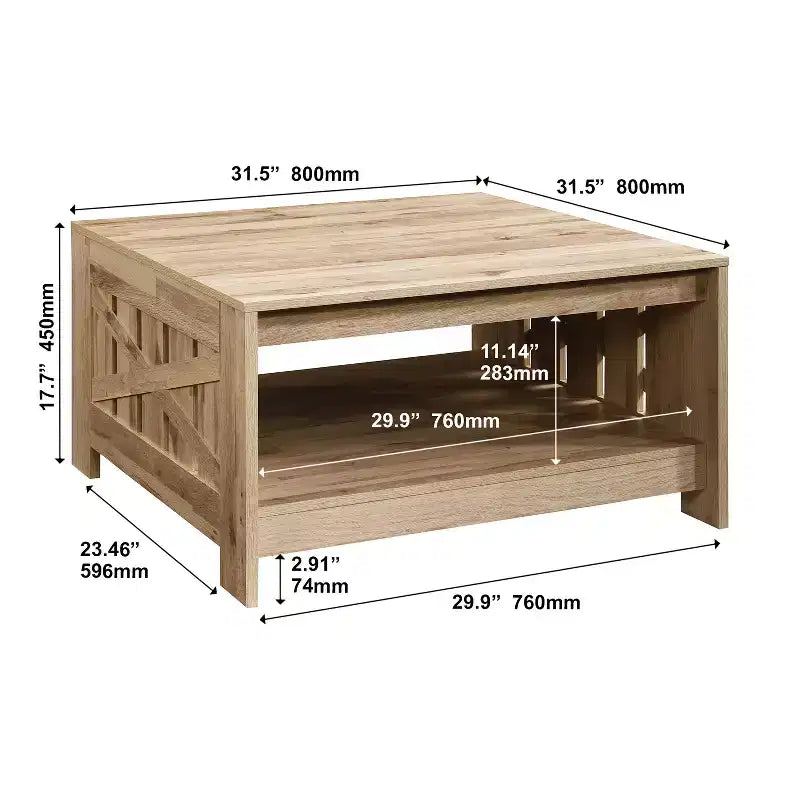 Table basse carrée de style rustique de 80 cm avec rangement ouvert pour salon