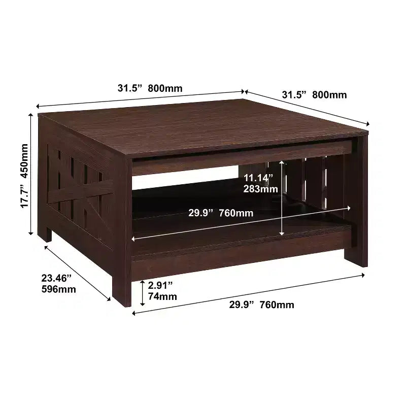 Table basse carrée de style rustique de 80 cm avec rangement ouvert pour salon